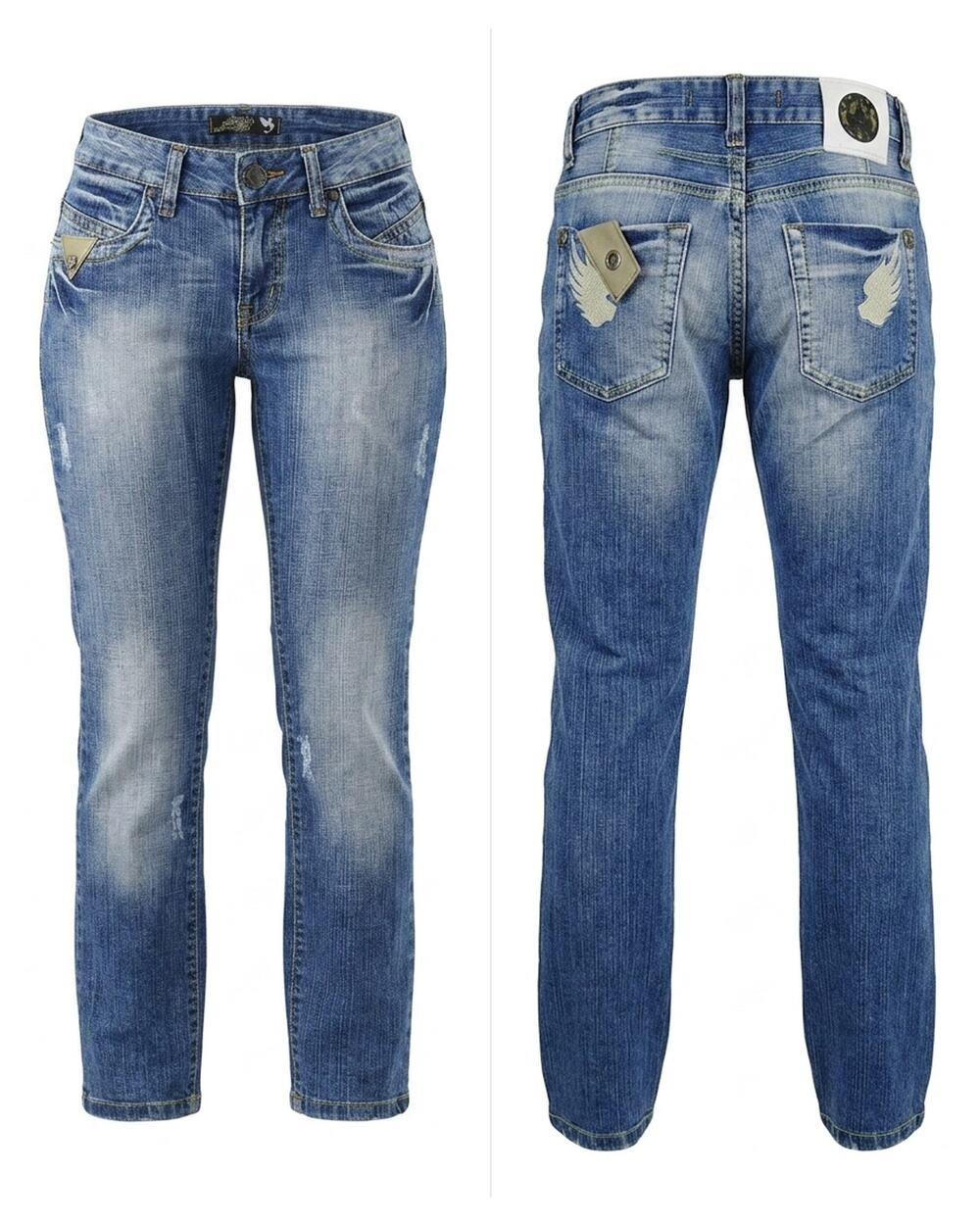 Pascucci Blue Distressed Straight Leg Wing Pocket Jeans Women Size 28